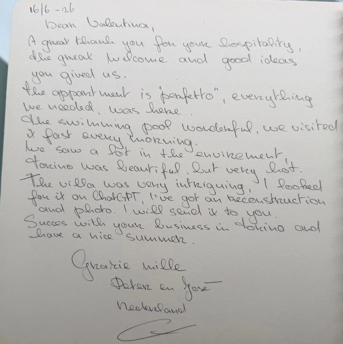 Eine Widmung im Gästebuch von Dimore, 16. Juni 2026: «Dear Valentina, A great thank you for your hospitality, the great welcome and good ideas you gived us. The appartment is "perfetto", everything we needed was here. The swimming pool wonderful, we visited it fast every morning. …» — Grazie mille, Peter en José, Nederland