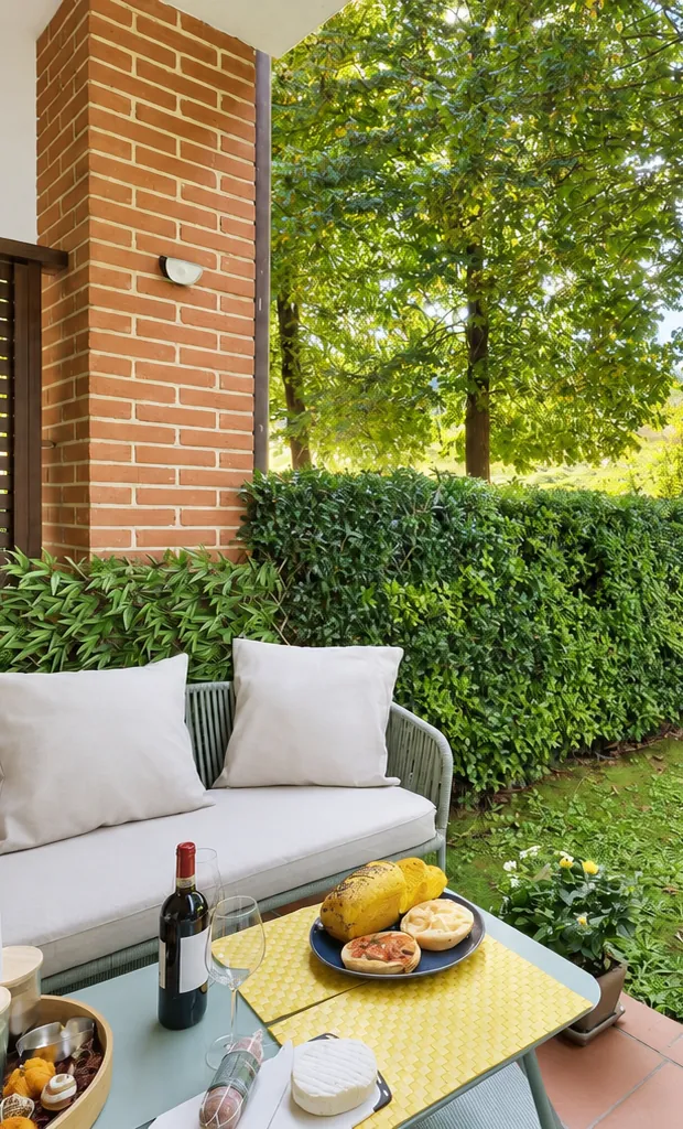 Il patio del Granaio nr&nbsp;5, con il salotto da esterno e il giardino privato